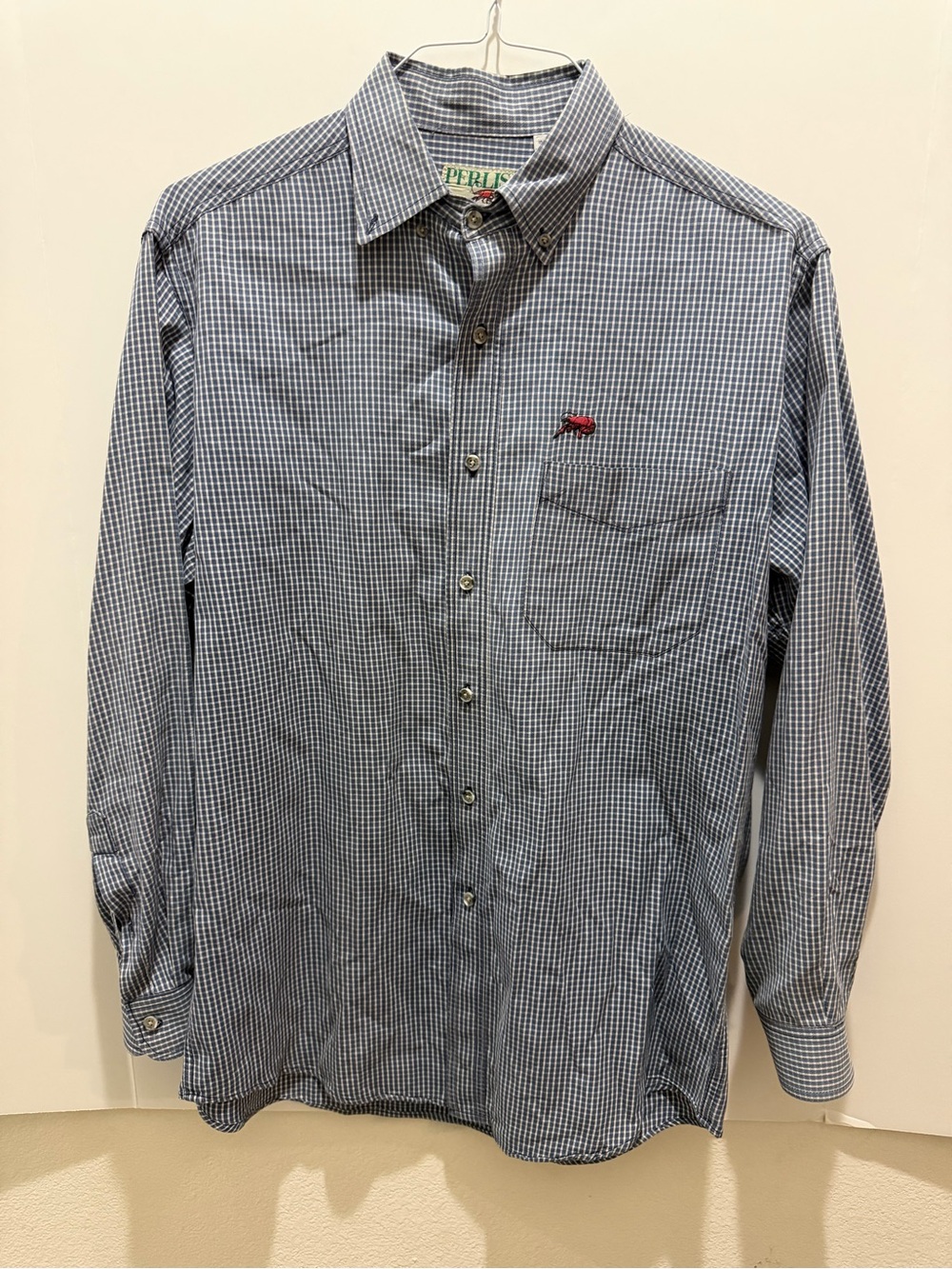 Perlis Shirt Mens Button Down Blue Gingham Crawfish Size Medium USA